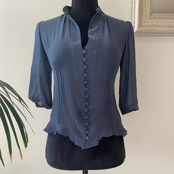 Cue Tops - CUE Vintage 100% Silk Blue Collared Blouse with buttons Formal Classic Size 8